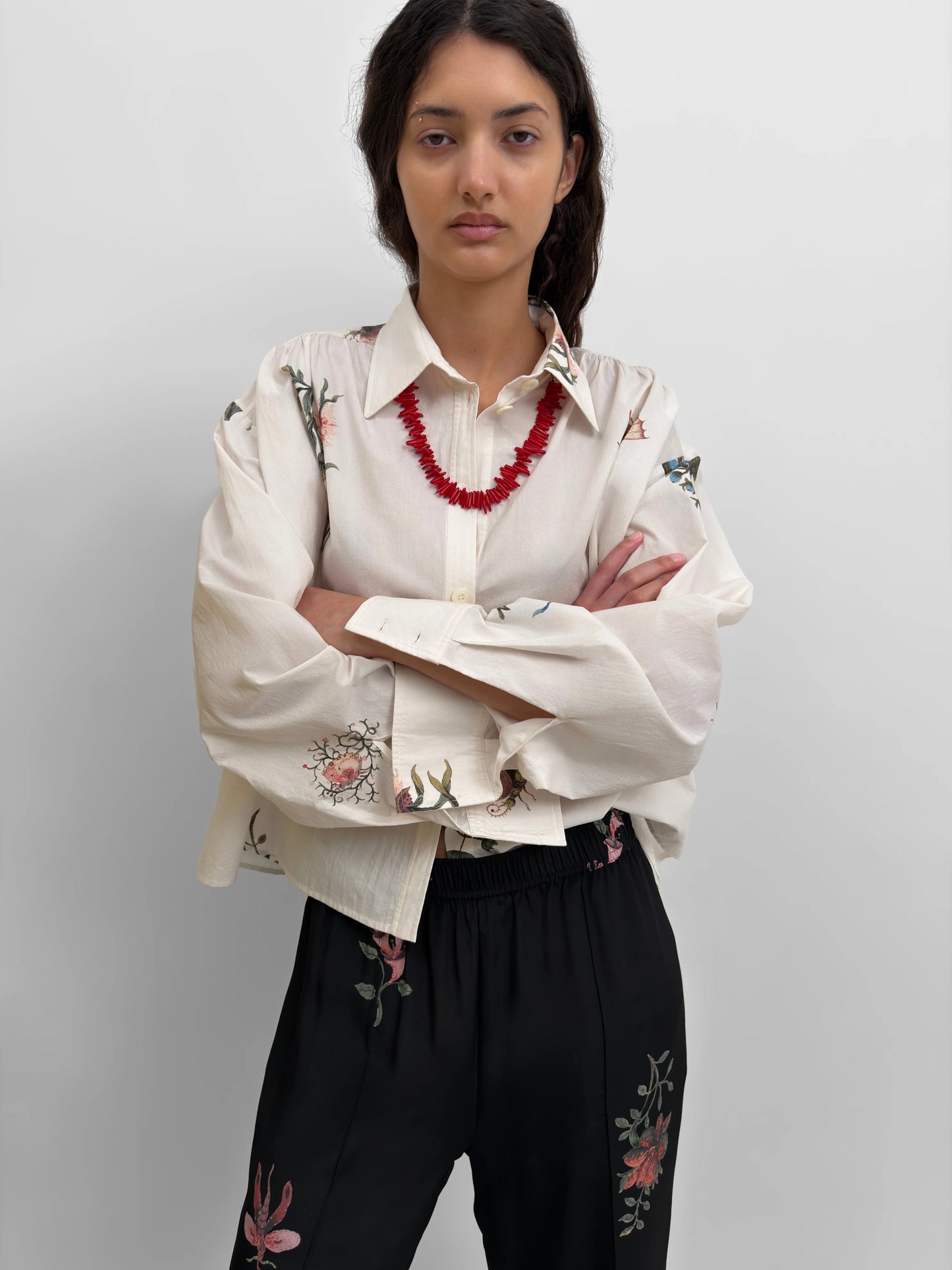 Taylor Poplin Cropped Shirt, Cream Multi