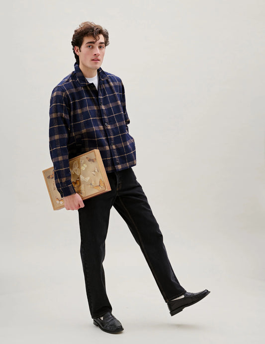 Sun Wool Relaxed Fit Check Overshirt, Navy