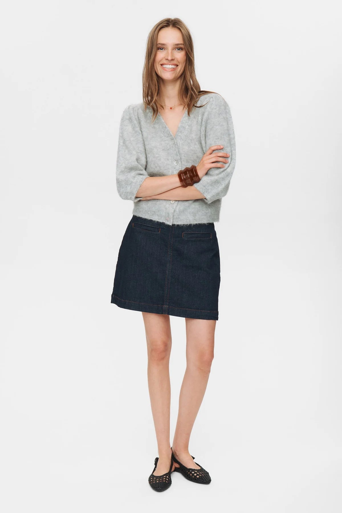 Nusuri Brushed SS Cardigan, Light Grey Mel