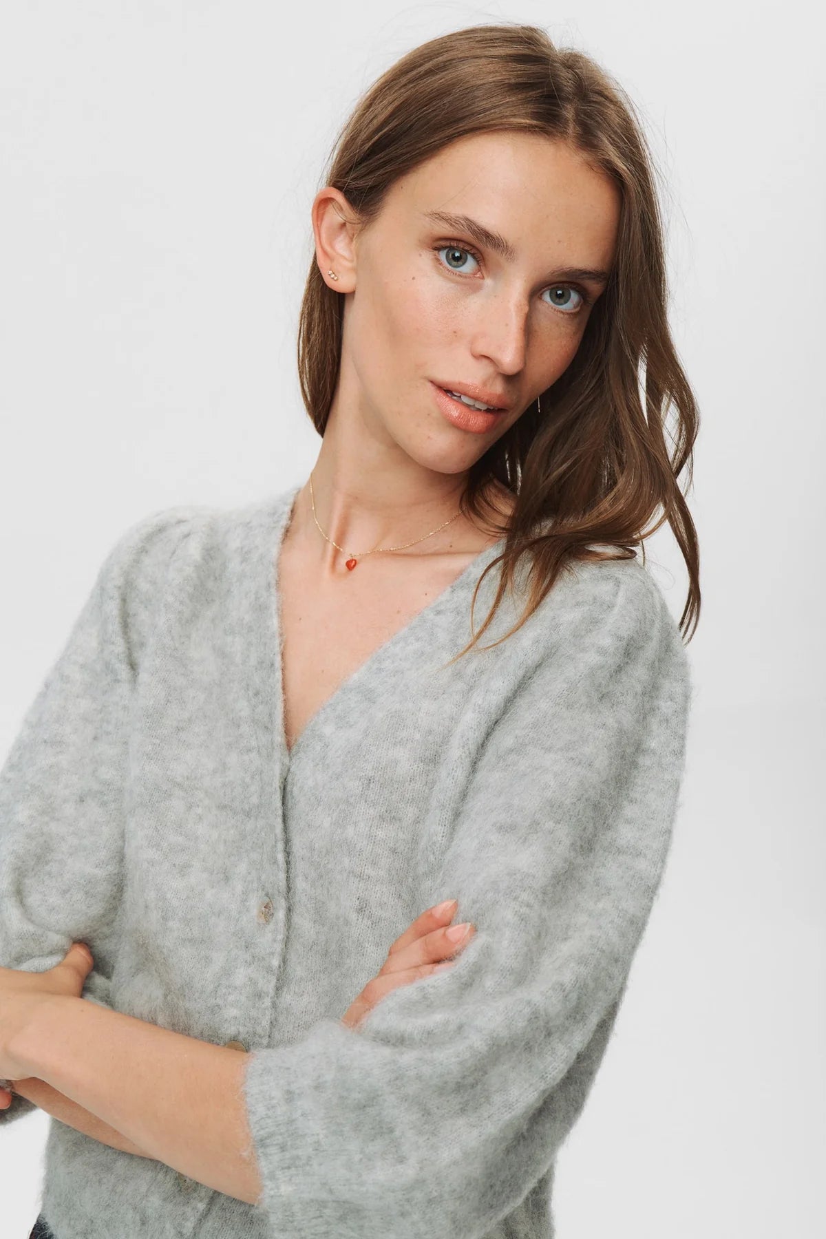 Nusuri Brushed SS Cardigan, Light Grey Mel
