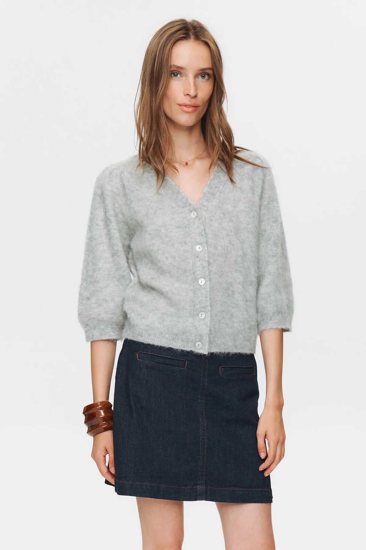 Nusuri Brushed SS Cardigan, Light Grey Mel