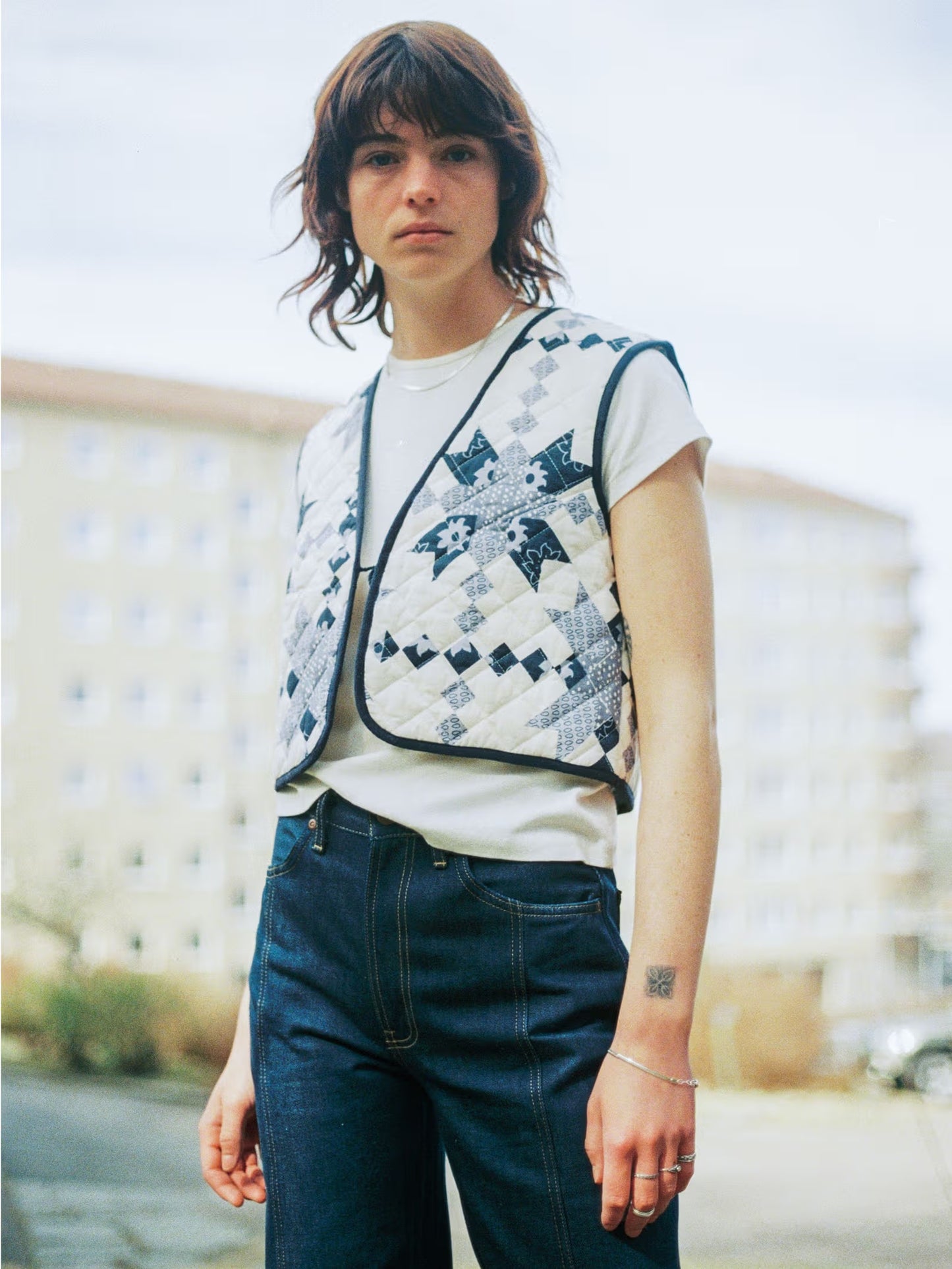 Lill Quilted Cotton Vest, Offwhite/Blue