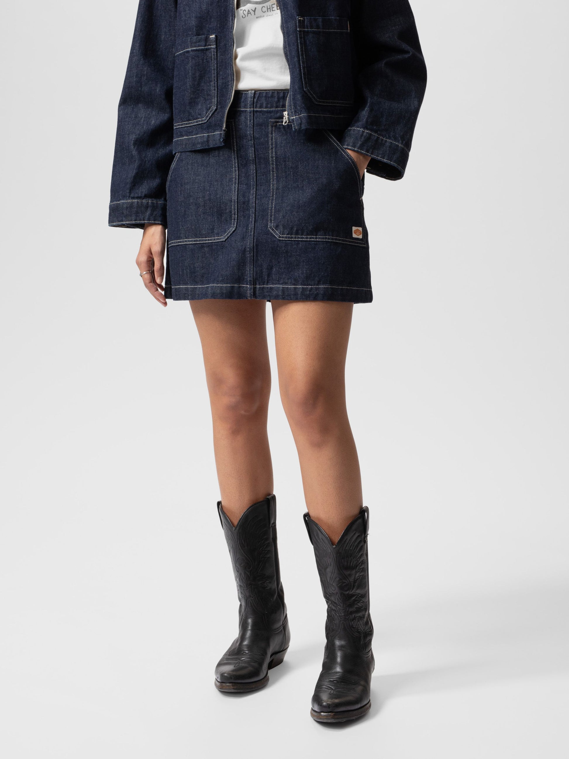 Elvy Workwear Denim Skirt Dark Blue