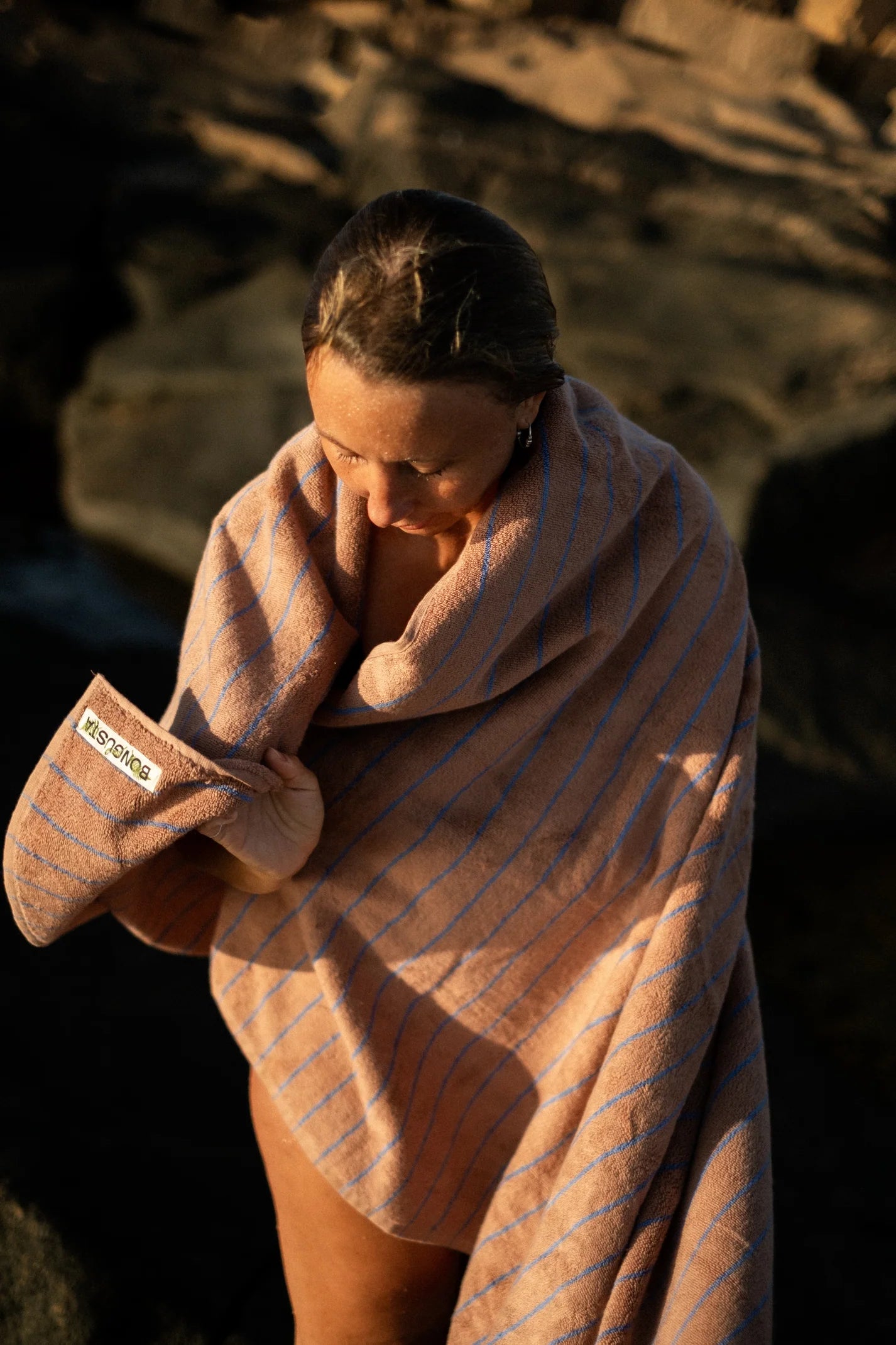 Naram Bath Towel, Camel & Ultramarine Blue