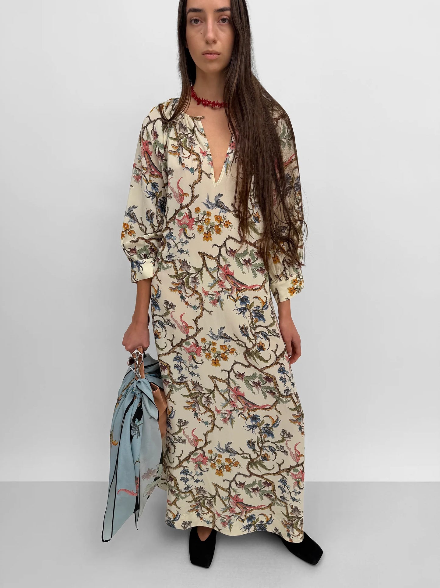Windy Light Silk Dress, Cream Multi