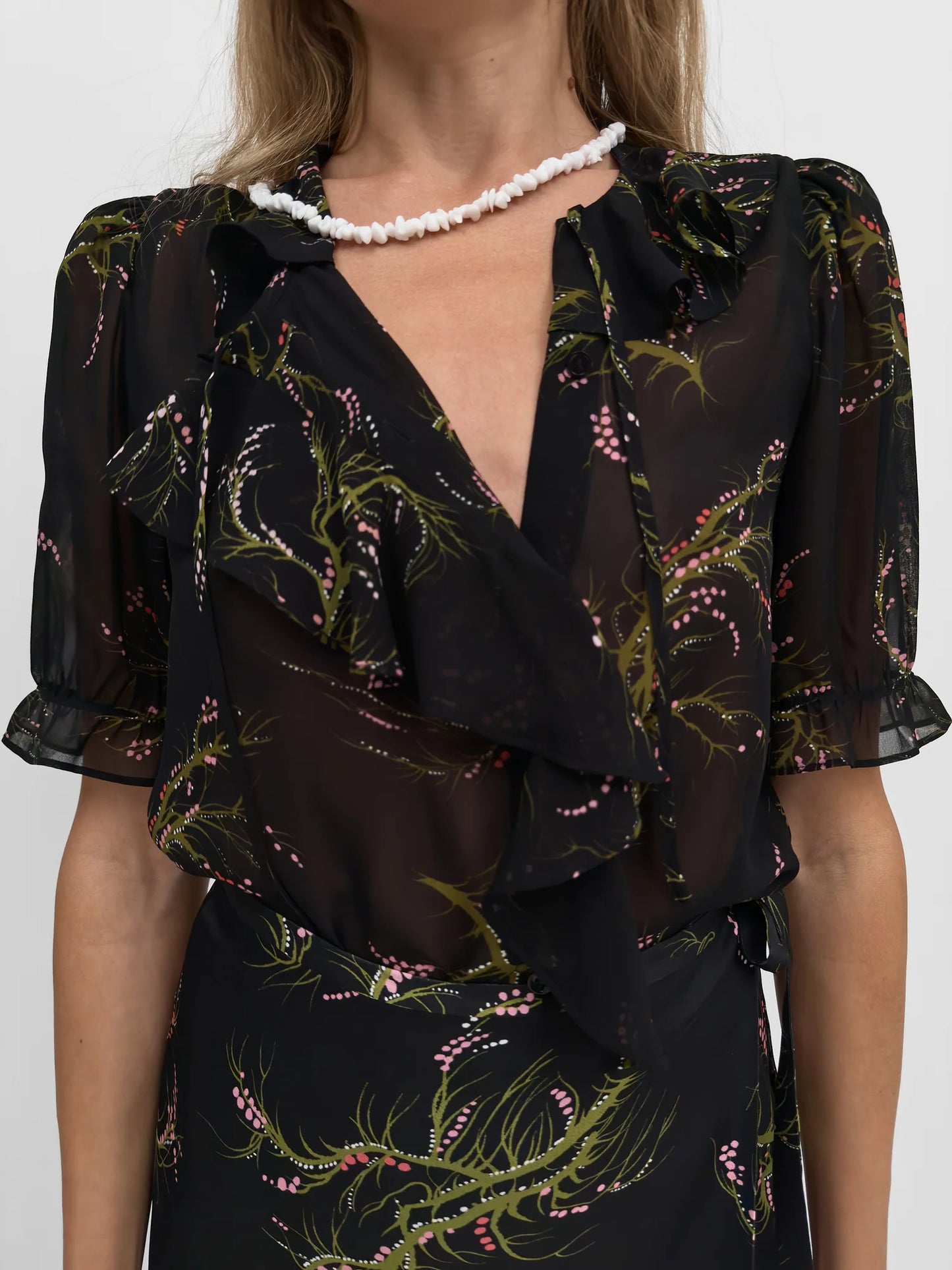 Xandria Flounce Blouse, Black/Olive